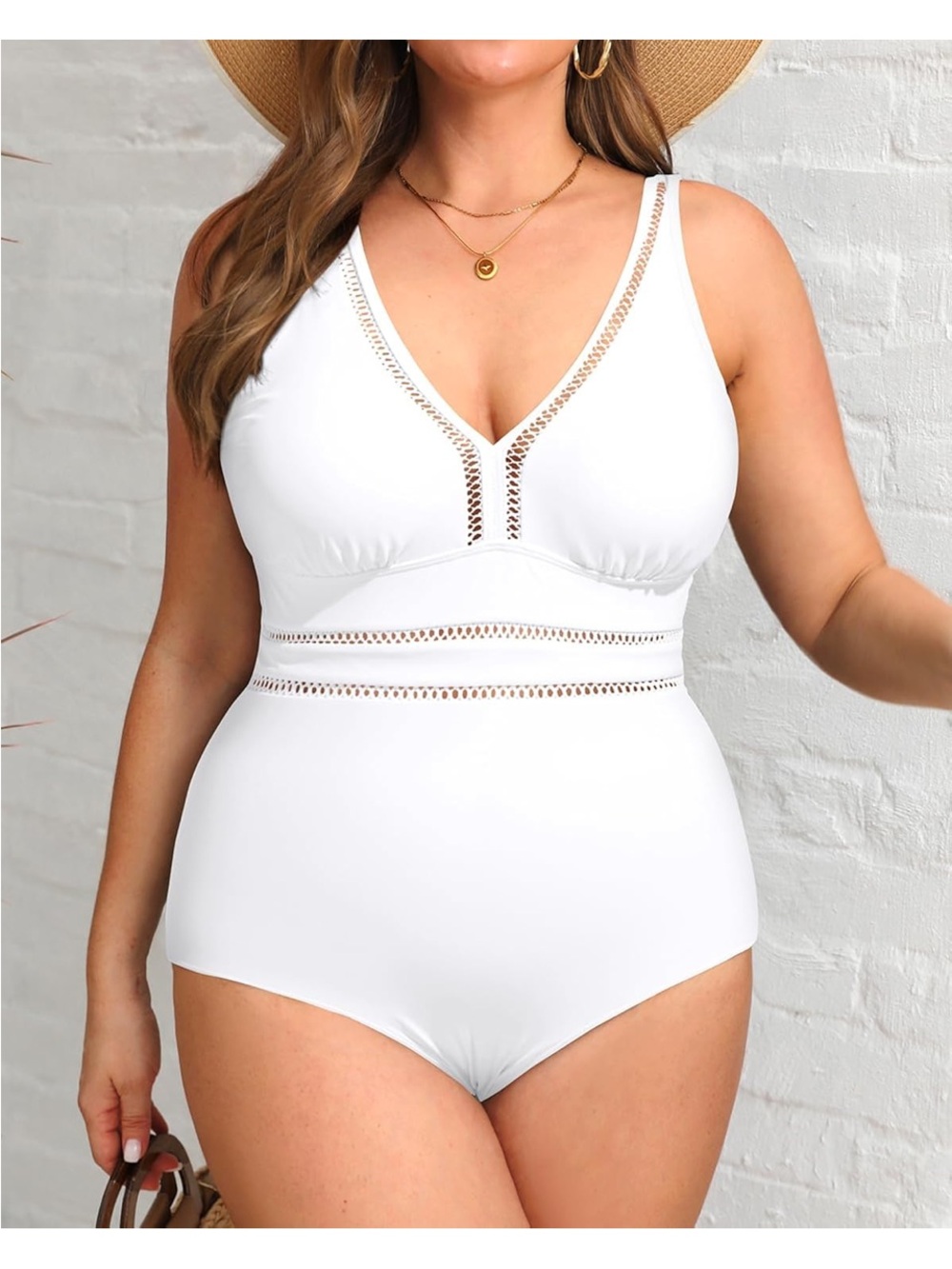 🚘 NWOT Sleek White V-Neck One-Piece Swimsuit with Crochet Trim SIZE 20W sexy - Picture 5 of 12